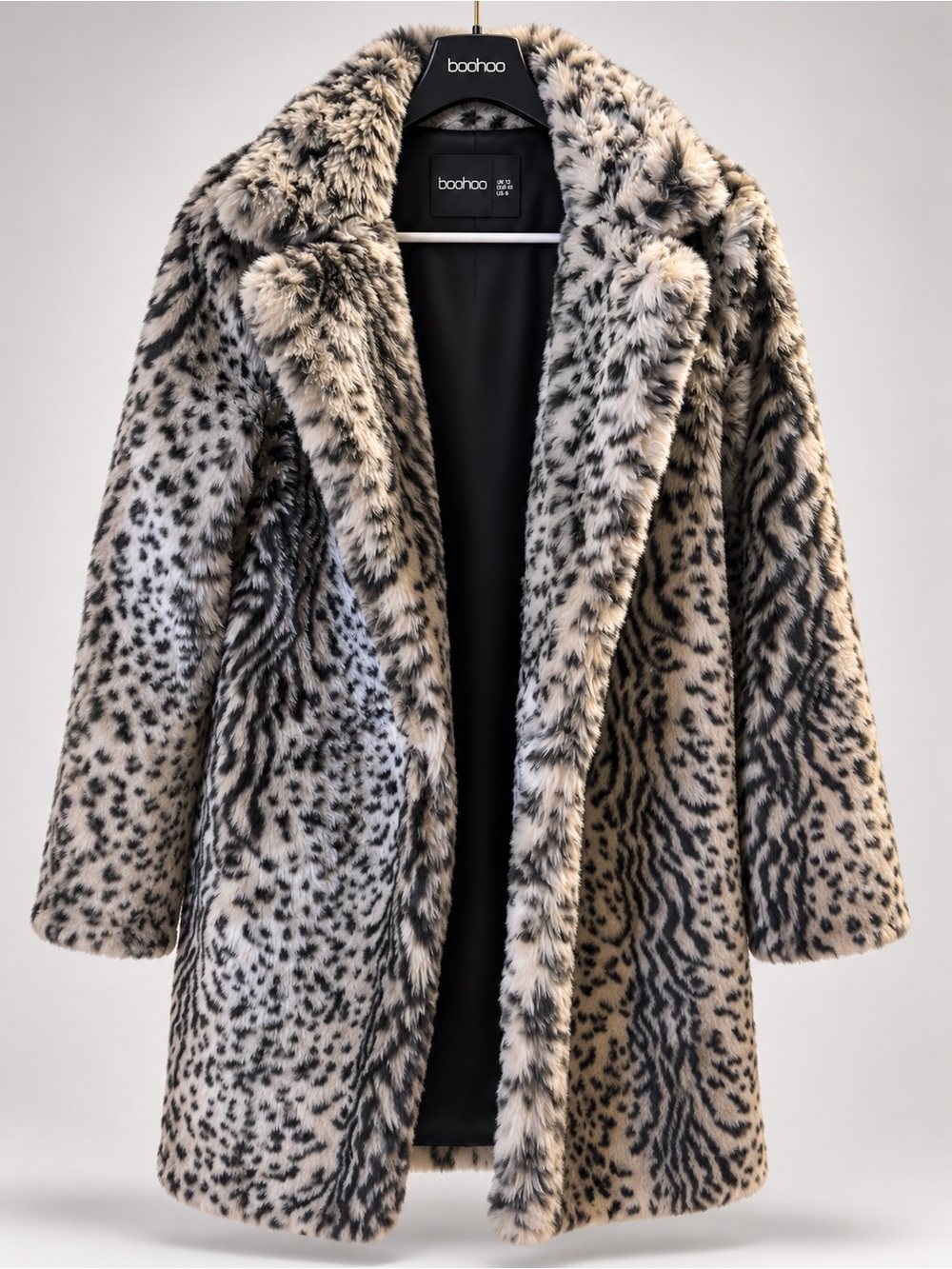 Boohoo Cream and Black Leopard-Print Faux Fur Coat
